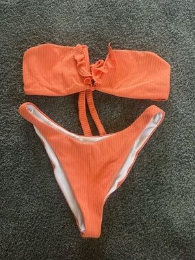 SHEIN Orange Ribbed Bandeau Bikini Set